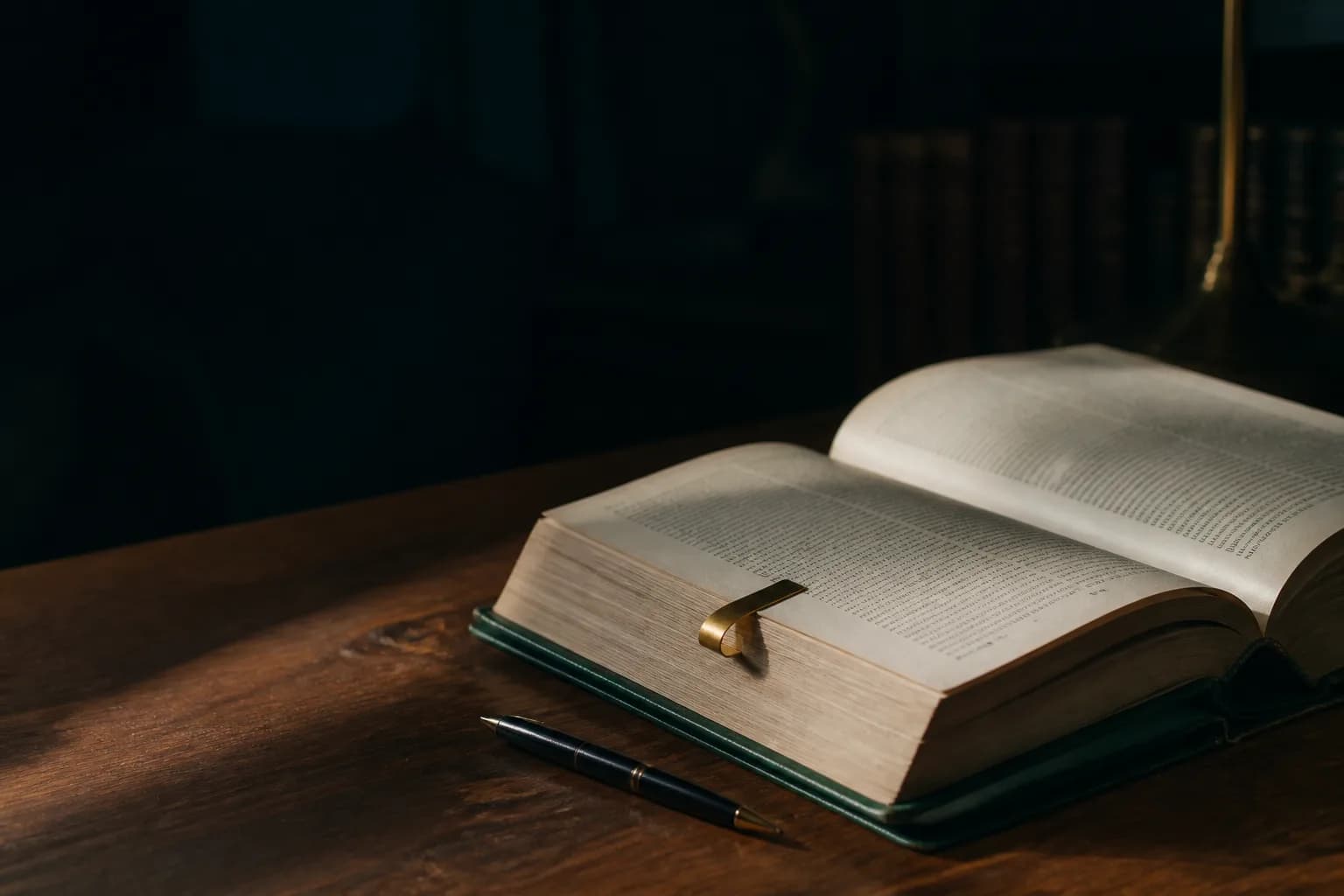 Livro aberto e materiais de estudo, com luz natural sobre as páginas.